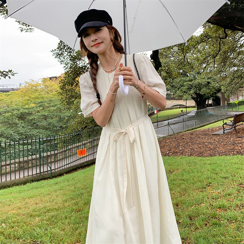 韩版简约气质长裙女夏季新款法式温柔风系带收腰连衣裙图片