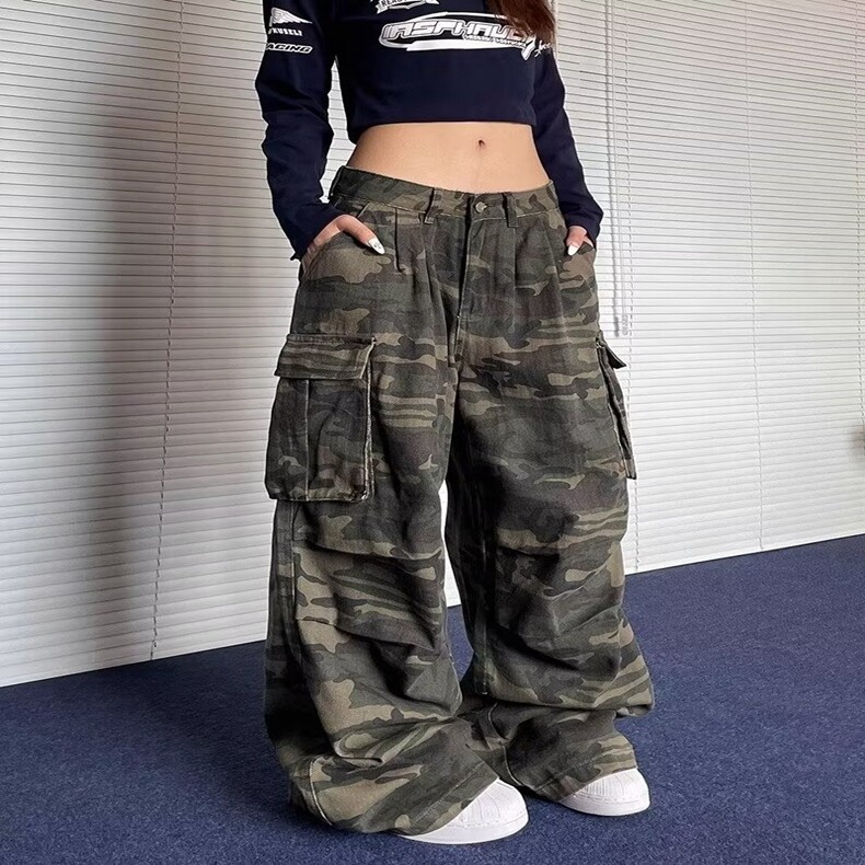 美式高街复古多口袋迷彩牛仔裤女潮牌街头直筒堆积感长裤子,男装牛仔裤,星座218-8