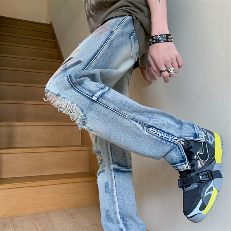 B221美式ins嘻哈色彩涂鸦小众拉链破洞牛仔裤LK23085-P65控88,男装牛仔裤,电商B221