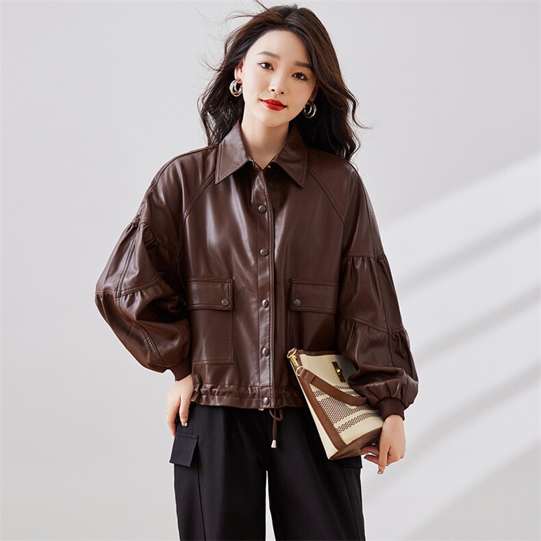 2023年皮衣外套女2023新款短款春秋港风复古宽松pu机车小皮夹克款,女装皮衣,江南女神