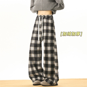黑白磨毛格子休闲裤男女秋冬加绒加厚毛呢裤子慵懒风复古阔腿卫裤图片