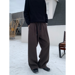 JY715-P63 复古格子松紧腰毛呢休闲裤男秋冬厚款宽松拖地长裤图片