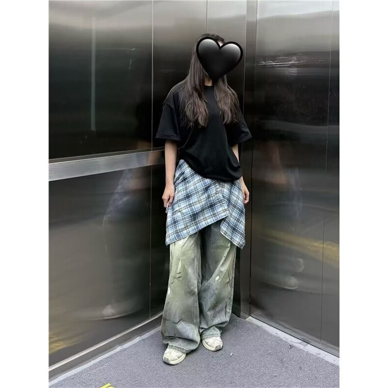 夏日松弛感牛仔裤女夏季美式街头创意泼墨水洗做旧设计宽松垂感裤,男装牛仔裤,星座506A