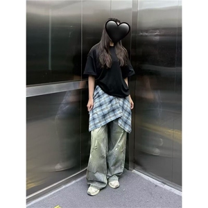 夏日松弛感牛仔裤女夏季美式街头创意泼墨水洗做旧设计宽松垂感裤图片