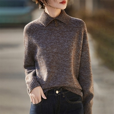 2025年秋季套头时尚百搭通勤简约休闲加厚花纱外翻领，女装羊毛衫，暖烁羊绒