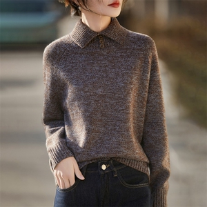 2025年秋季套头时尚百搭通勤简约休闲加厚花纱外翻领，女装羊毛衫，暖烁羊绒