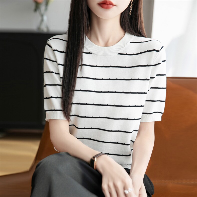 2025夏季新款女圆领断点条纹纯棉针织短袖T恤宽松洋气甜美气质,女装T恤,秋双羊绒