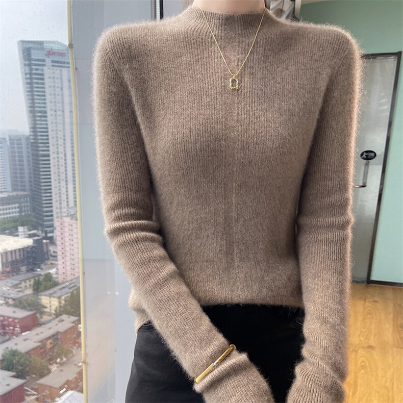 秋冬100%纯羊毛衫女半高领抽条修身针织毛衣百搭显瘦羊绒衫打底衫,女装羊毛衫,美轩羊绒