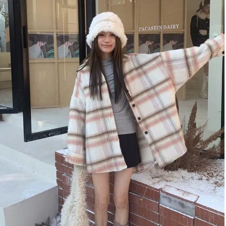 长袖衬衫毛绒绒宽松百搭时尚舒适慵懒风开衫条纹毛衣女百搭上衣冬图片