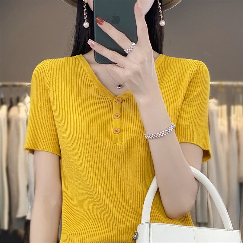 2024夏季新款短袖女宽松V领纯色薄款T恤百搭显瘦针织冰丝半袖上衣,针织衫/毛衣,萱芳婷羊绒