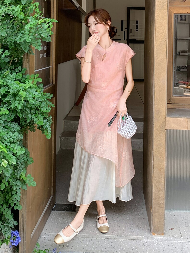 新中式国风改良旗袍裙女2025夏季新款假两件天丝高级感气质连衣裙,女装连衣裙,2C032