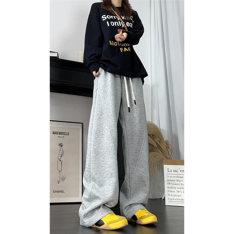 浅灰色斜切弯刀卫裤男款秋冬季青少年学生校服裤子美式微喇运动裤，男装休闲裤，电商A129