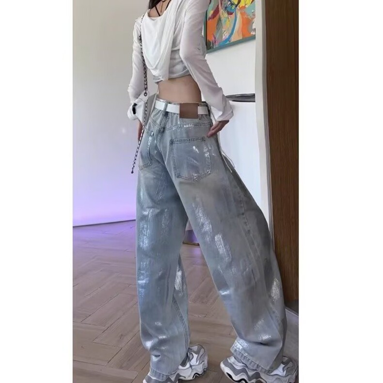 烫银色高腰天丝阔腿牛仔裤女秋季新款美式小众梨形身材垂感拖地裤,女装牛仔裤,星座218-8