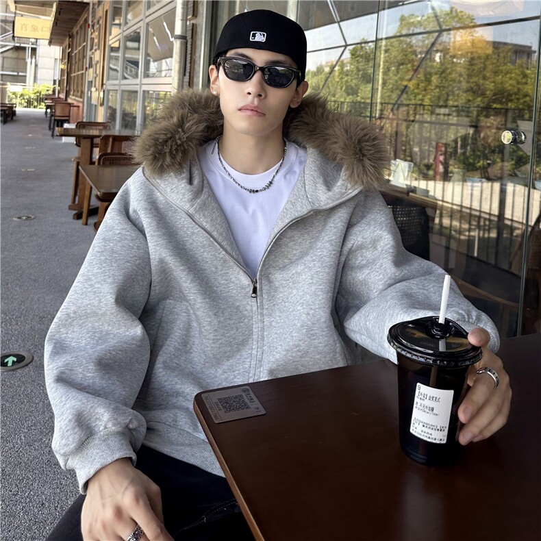 美式毛领连帽卫衣男士重磅430克秋季新款重磅硬挺外套图片