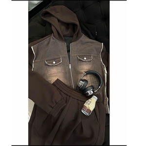 秋小众设计牛仔拼接连帽夹克长裤套装男TZ336上衣125裤子78 网图图片