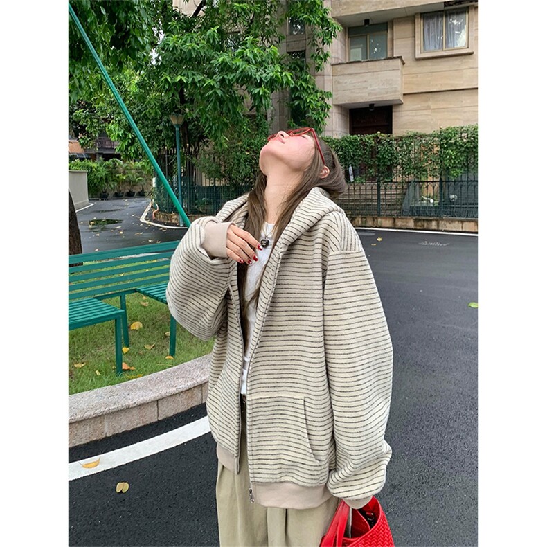 [网图]加绒条纹连帽卫衣美式复古开衫宽松外套5D1202-TP65118,女装短外套,电商A102
