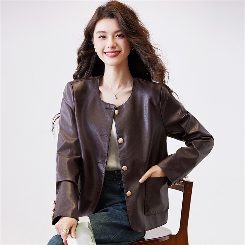 小香风皮衣外套女春秋2025新款小个子气质短款圆领机车皮夹克上衣,女装皮衣,潮流依族