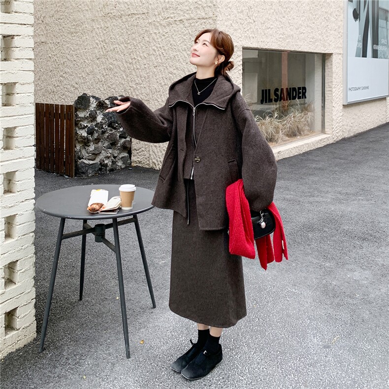 淡人气质感羊绒时尚套装裙女2025年冬季连帽马甲大衣半身裙三件套，女装羊绒大衣，2D078