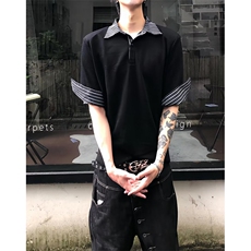 2026新款简约显瘦娃娃领格子拼接合体长袖T恤外穿上衣服，男装Polo衫，星座601-1
