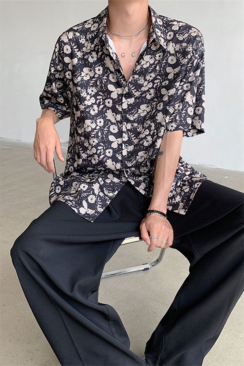 休闲短袖复古宽松碎花衬衫男设计感港味衬衣DX101-特P30限价48,男装衬衫,电商A178