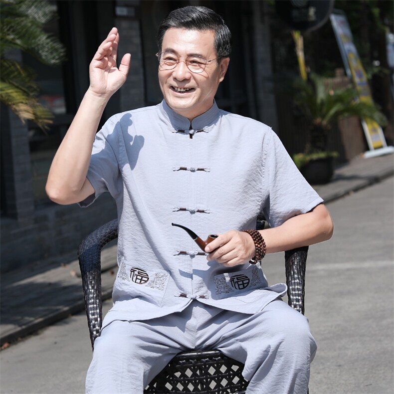 786/P70主推！老人棉麻唐装男运动短袖套装中国风爸爸半袖太极服,男装休闲套装,星座1216（原钱塘722）