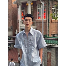 美式设计高级感衬衫男士短袖夏季款潮牌痞帅休闲衬衣3375-P36，男装T恤，星座208-5