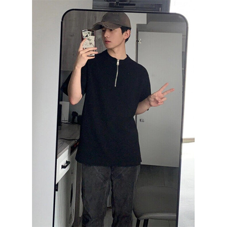 日系复古简约半拉链短袖T恤男夏季潮宽松上衣休闲T6613,男装T恤,星座1116A（原606A-3）