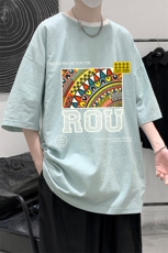 YT26370-P30亚麻短袖t恤男大码五分袖男宽松七分袖大皂风模特，男装T恤，电商A040