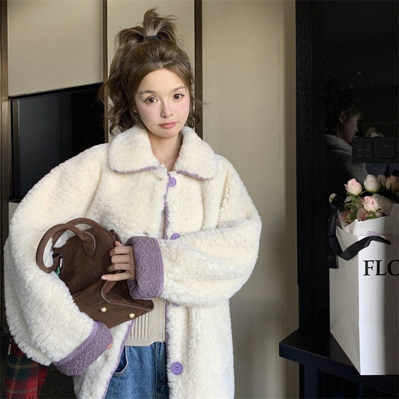 米白色超好看羊羔毛外套2024新款女冬甜美减龄短款皮毛一体棉服,女装毛呢外套,帛香坊