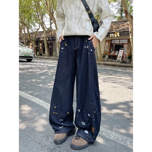 1506/QA7070/P61亿万少年BUFU宽松卡通刺绣弯刀牛仔裤休闲裤图片