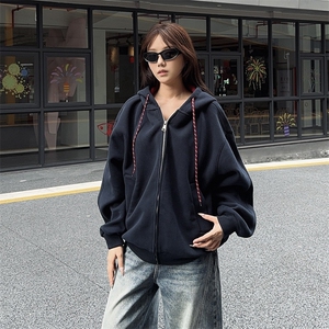 抖音得物二开美式高街重磅结构双层撞色连帽卫衣开衫外套W116图片