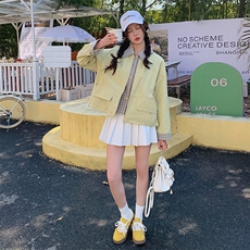 现货韩版时尚假两件短外套女洋气春秋季新款小个子显瘦工装夹克，女装短外套，韩蔻秀