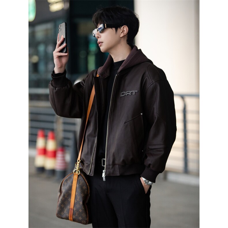 标50绒街拍男士连帽可拆卸PU皮羽绒服保暖外套B338-5066-P275，男装羽绒服，电商B338