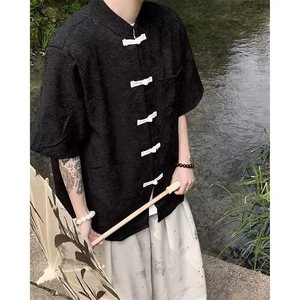 新中式风盘扣短袖衬衫男夏装加肥加大码潮胖人宽松休闲衬衣外搭图片