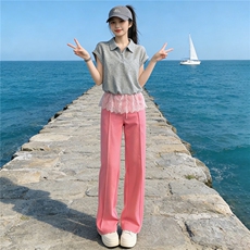 慵懒风时尚洋气套装女夏季新款蕾丝拼接短袖上衣阔腿裤两件套显瘦，女装套装/套裙，江南