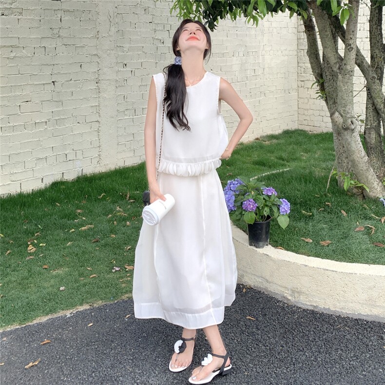 韩版无袖背心上衣半身裙小个子两件套女2025夏季新款法式时尚套装,女装套装/套裙,2C159