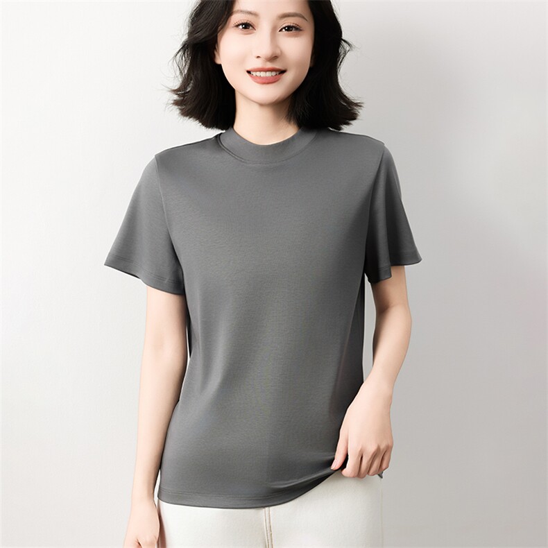 简约风液氨纯棉短袖T恤女2025新款宽松显瘦正肩t恤立领半袖打底衫,女装T恤,元素羊绒