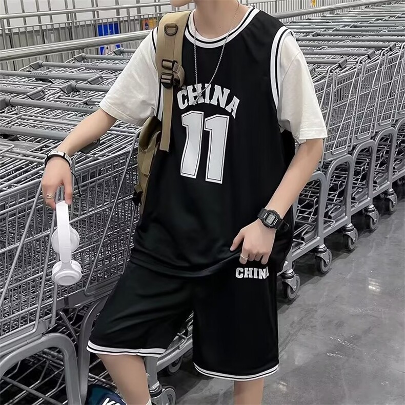 篮球服短袖套装男夏季港风假两件t恤宽松短裤情侣运动休闲两件套,男装T恤,星座1013