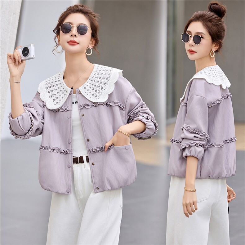 2026年春季新款时尚减龄韩系花边大翻领撞色百搭皮衣外套，女装短外套，奕薇雅