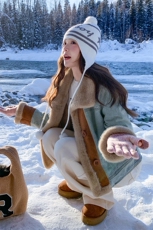 （现货）2025冬装牛仔拼接仿水貂绒派克服美式复古独特设计外套，女装牛仔外套，印象茜