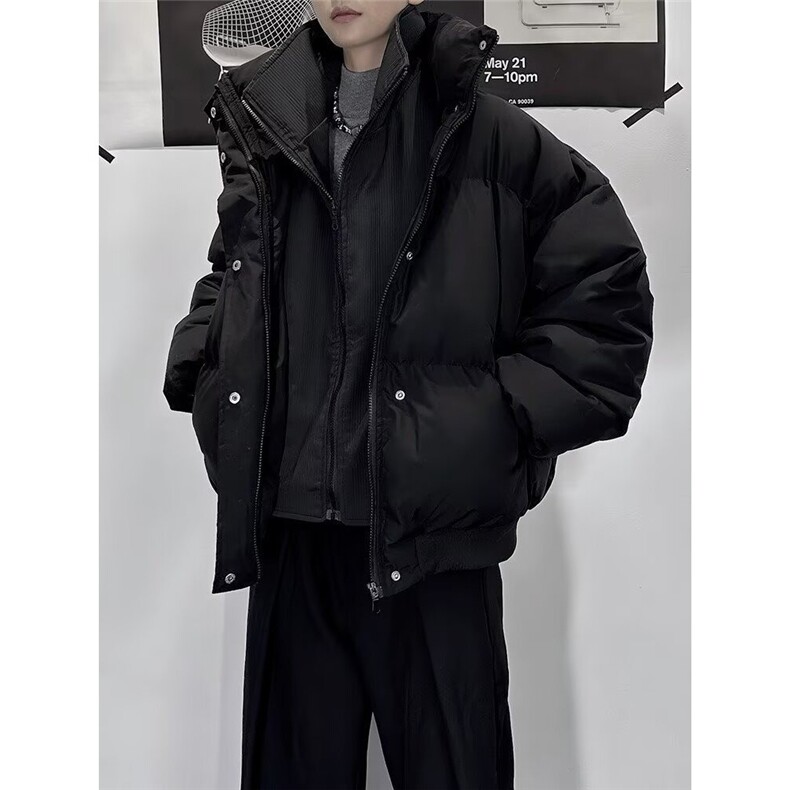 纯色假两件立领短款棉服外套男女同款冬季加厚面包服保暖黑色棉衣图片