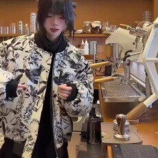 美式复古水墨画双面穿夹克棉服男女冬季设计感加厚bomber棉衣外套，男装夹克，星座1210-1