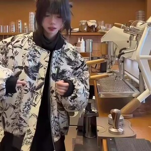 美式复古水墨画双面穿夹克棉服男女冬季设计感加厚bomber棉衣外套图片