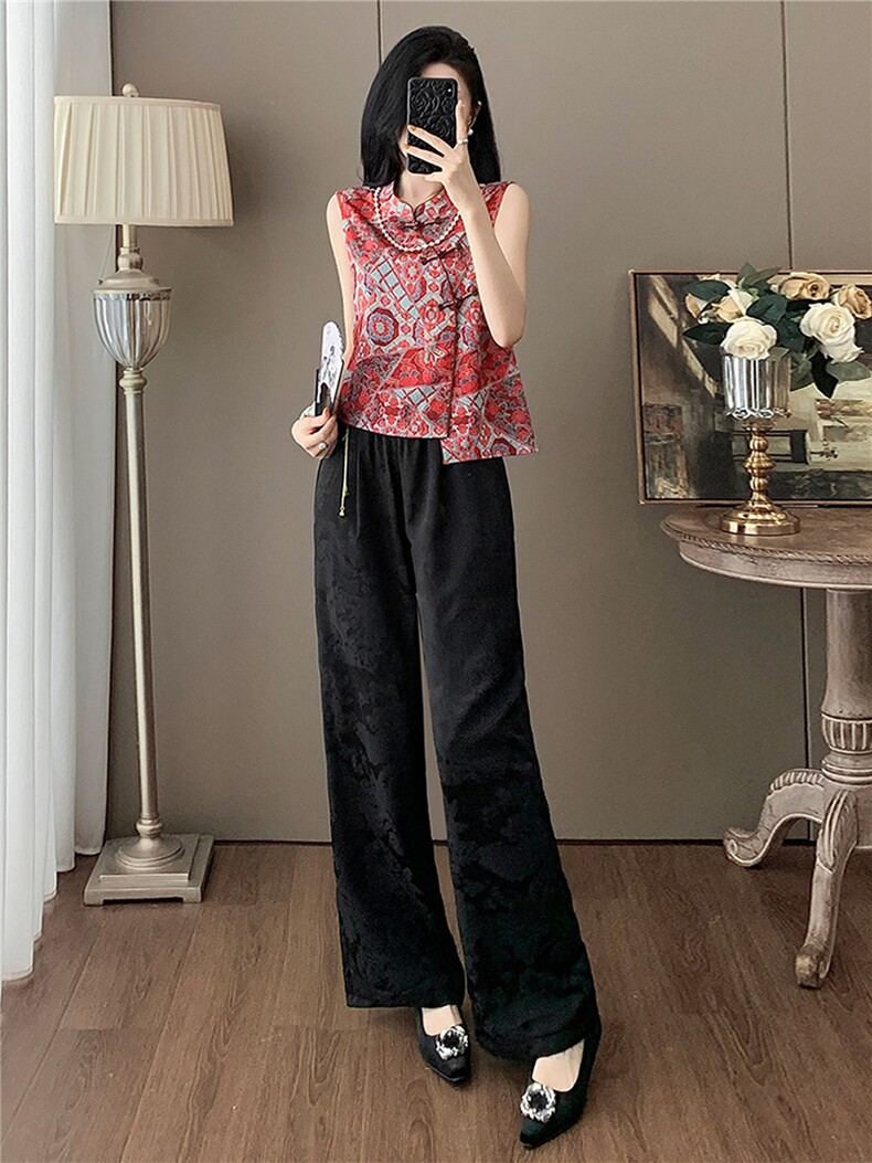 时尚套装女夏季新款新中式盘扣立领提花无袖上衣阔腿裤两件套,女装套装/套裙,江南