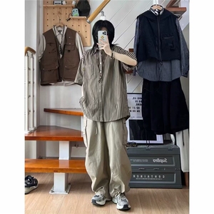 复古条纹五分短袖衬衫男夏季高级感日系翻领宽松休闲半袖T恤图片