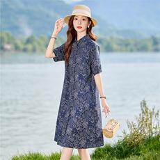 现货2025年夏季文艺复古印花妈妈休闲连衣裙，女装连衣裙，依恋蒂丝