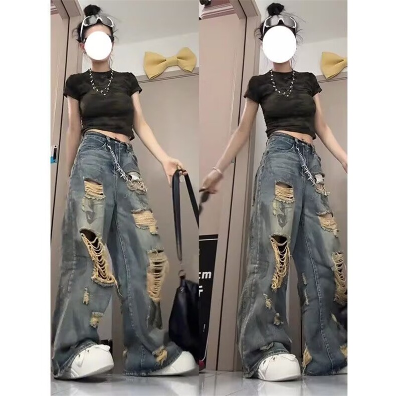 现货夏季宽松复古高腰显瘦拖地裤潮乞丐破洞牛仔裤K8340/特P48,男装牛仔裤,星座205-3