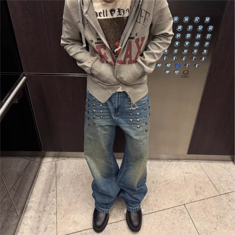 美式复古重工铆钉水洗牛仔男女秋冬宽松阔腿拖地裤NC654-P58图片