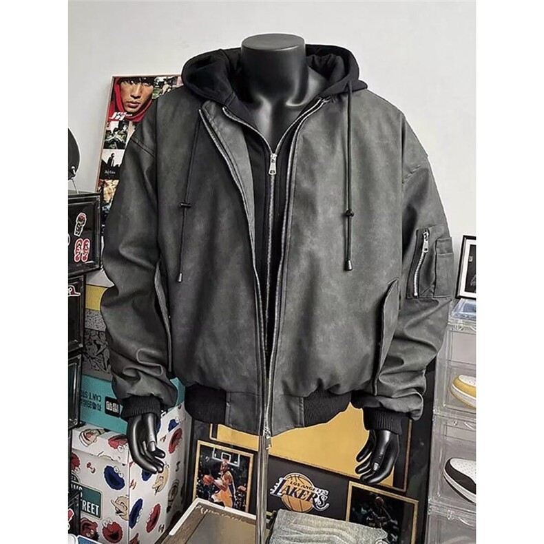 美式假两件夹克秋冬季情侣外套男慵懒风宽松连帽皮衣LZ7044-P75,男装夹克,星座1008