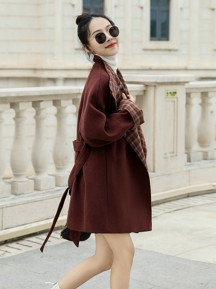 撞色格子收腰系带风衣外套女欧洲站2024秋季新款中长款羊毛大衣潮,女装毛呢外套,曼娅璐